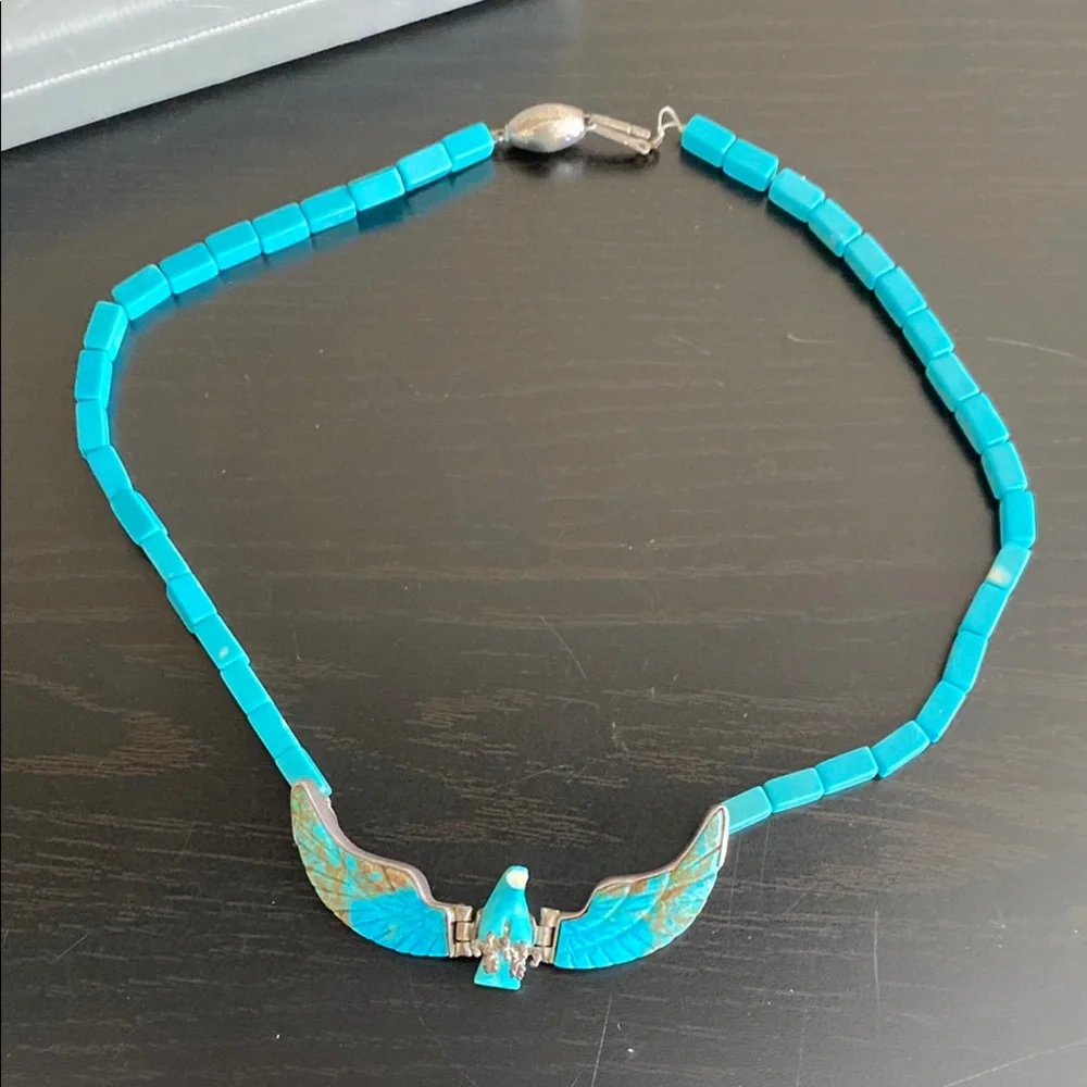 Navajo Native American Turquoise Silver & Mother of Pearl Eagle Necklace - Picture 3 of 17